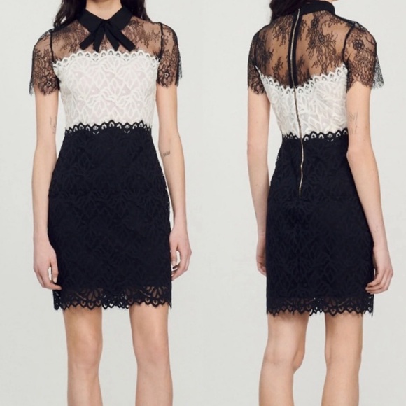 Sandro Rozen Short Sleeve Guipure Lace Mini Dress In Black/Ecru - Picture 1 of 15